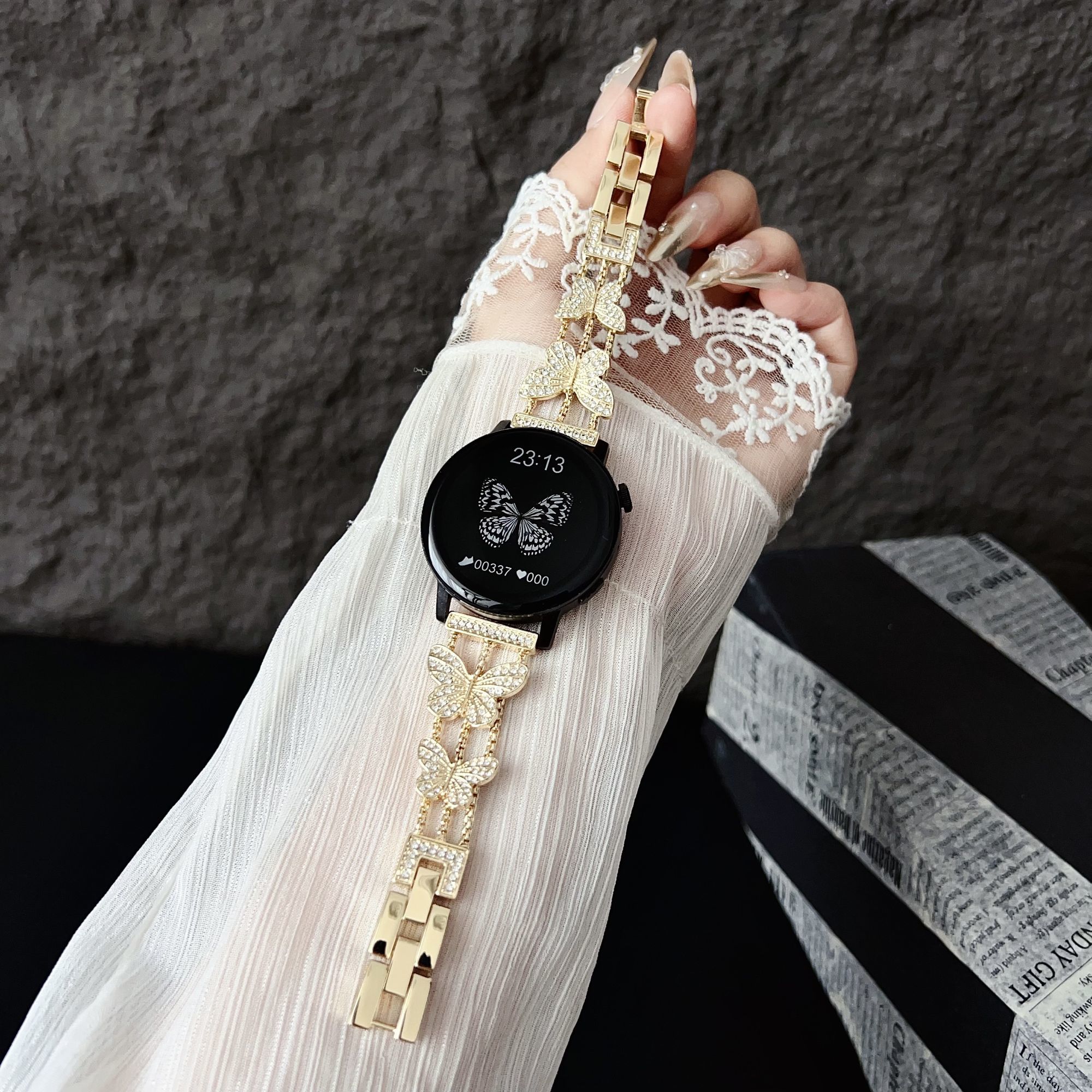 适用华为gt5手链表带新款蝴蝶镶钻GT5pro金属gt4女款手链夏天3139