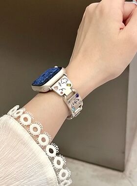 适用苹果手表s10s9s8表带小狗彩钻iWatchs10s9s8se手链金属腕带