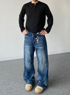 98SQUID 美式复古水洗深色猫须褶皱牛仔裤男女宽松阔腿垂感长裤子