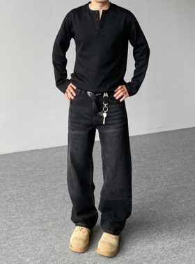 98SQUID 美式vibe水洗黑色猫须牛仔裤男女宽松直筒百搭简约长裤潮