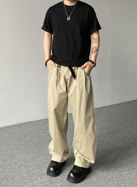 98SQUID 美式cleanfit纯色工装弯刀裤男女宽松简约阔腿休闲长裤潮