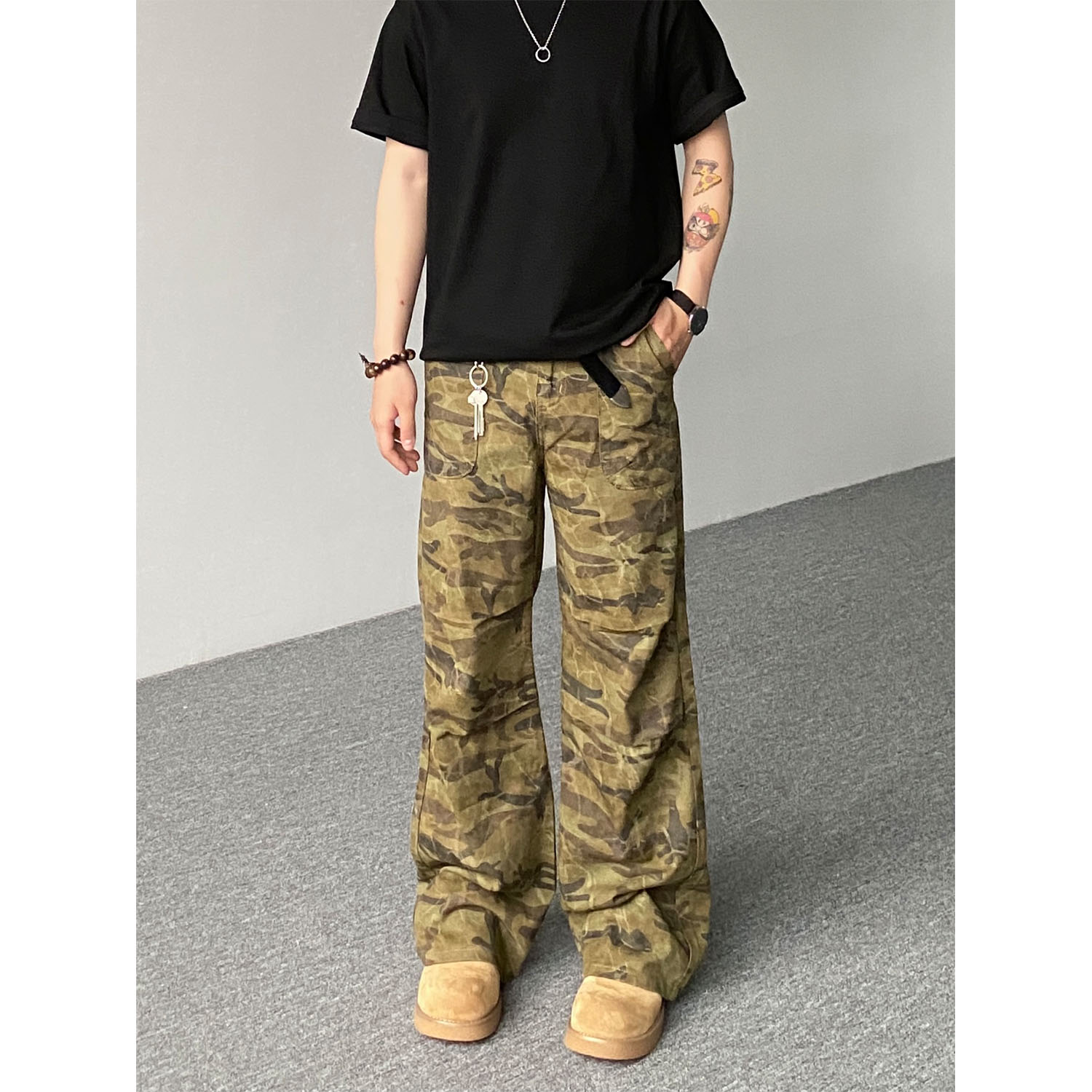 98SQUID 美式复古褶皱废土风水洗迷彩牛仔裤男女宽松微喇休闲长裤