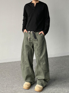 98SQUID 美式复古水洗解构拼接弯刀工装裤男女宽松休闲阔腿长裤子