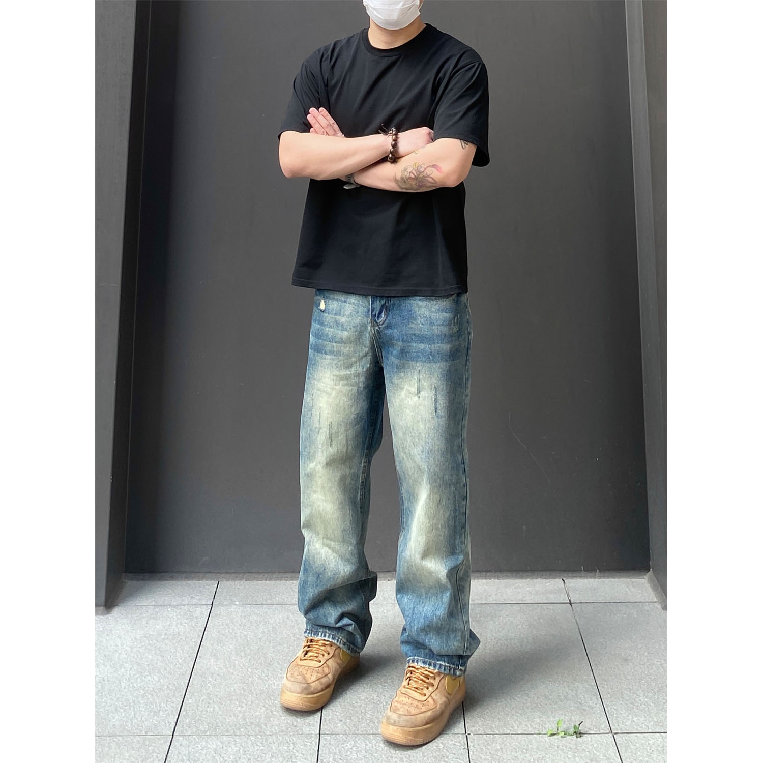 98SQUID 美式vintage水洗做旧破坏牛仔裤男女宽松直筒百搭长裤潮