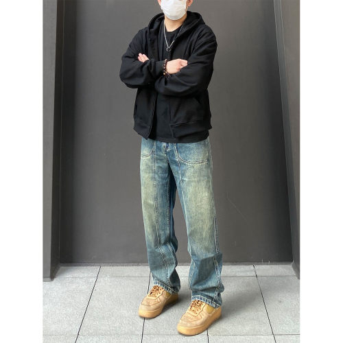 98SQUID 美式复古拼接水洗牛仔裤情侣宽松垂感直筒百搭休闲长裤潮