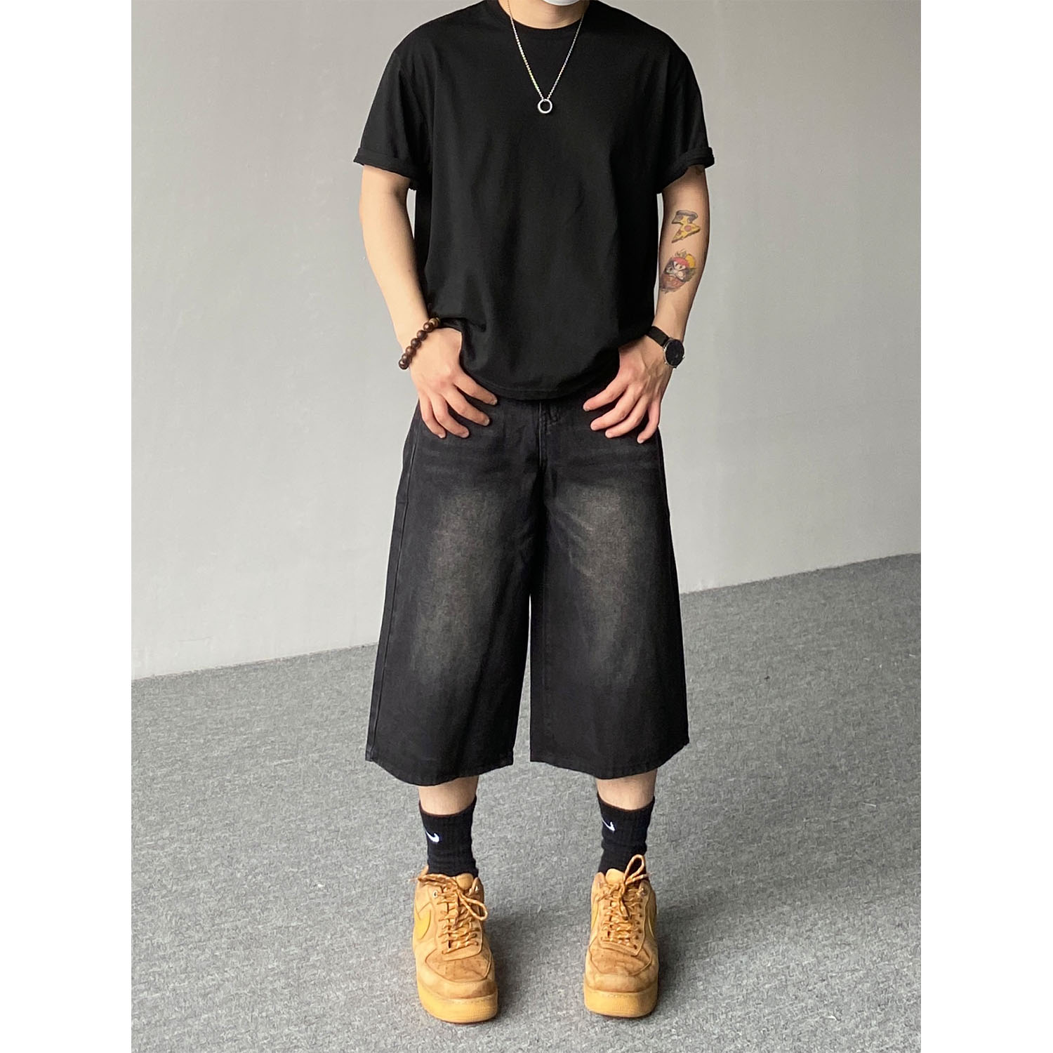 98SQUID 美式复古水洗黑色猫须牛仔七分裤男女高街宽松阔腿短裤潮