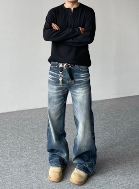 98SQUID 美式复古水洗猫须蓝黑色牛仔裤男女宽松百搭休闲阔腿长裤
