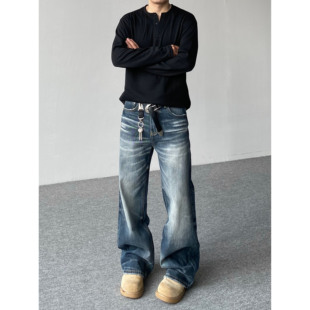 98SQUID 美式复古水洗猫须蓝黑色牛仔裤男女宽松百搭休闲阔腿长裤