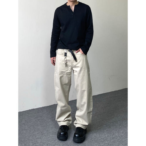 98SQUID 美式复古cleanfit纯色水洗牛仔裤男女宽松休闲直筒长裤子