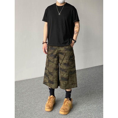 98SQUID 美式复古迷彩工装七分裤男女宽松高街廓形休闲阔腿短裤潮