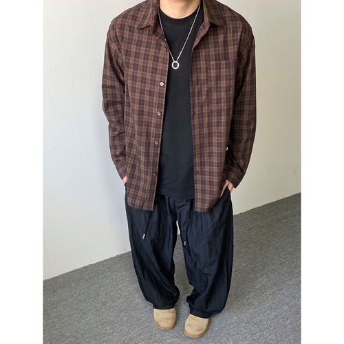 98SQUID 日系复古格子翻领长袖衬衫男女宽松休闲慵懒风痞帅衬衣潮