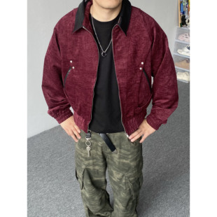 98SQUID 美式cleanfit酒红色麂皮绒皮领夹克男女宽松翻领休闲外套