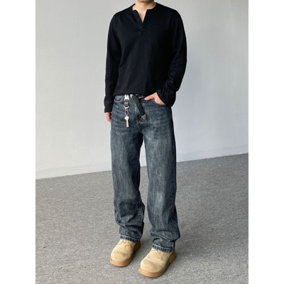 98SQUID 美式复古石磨水洗蓝黑牛仔裤男女宽松百搭休闲直筒长裤子