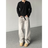 98SQUID 潮 男女宽松休闲直筒百搭长裤 美式 vibe做旧磨白猫须牛仔裤