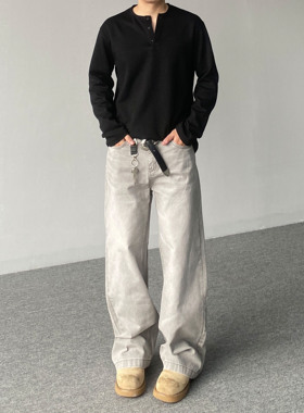 98SQUID 美式vibe做旧磨白猫须牛仔裤男女宽松休闲直筒百搭长裤潮