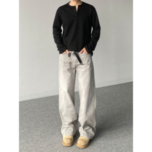 男女宽松休闲直筒百搭长裤 vibe做旧磨白猫须牛仔裤 潮 美式 98SQUID