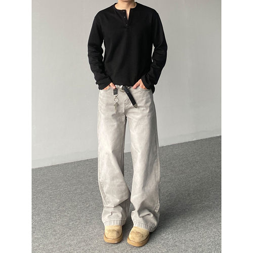 98SQUID 美式vibe做旧磨白猫须牛仔裤男女宽松休闲直筒百搭长裤潮