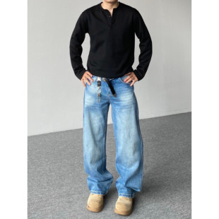 98SQUID 美式高街vibe水洗磨白牛仔裤男女宽松休闲阔腿垂感长裤潮