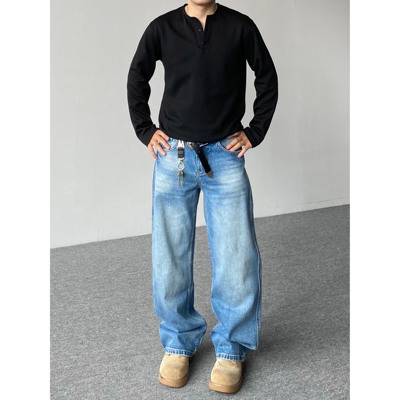 98SQUID 美式高街vibe水洗磨白牛仔裤男女宽松休闲阔腿垂感长裤潮