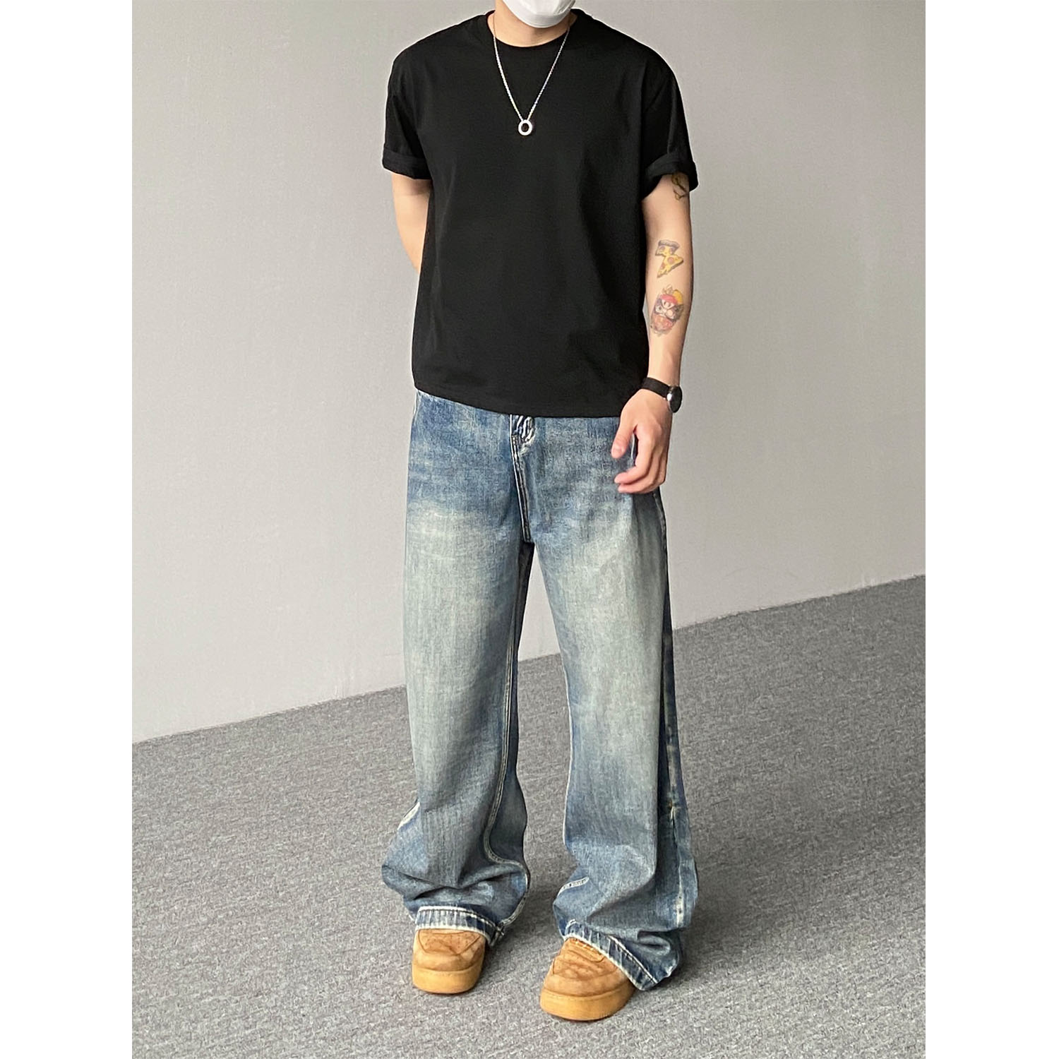 98SQUID 美式复古水洗褶皱柳钉设计牛仔裤男女baggy宽松阔腿长裤