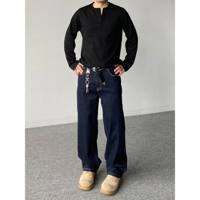 98SQUID 美式复古原色明线四面弹牛仔裤男女宽松简约休闲直筒长裤