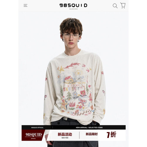 98SQUID美式复古字母星星涂鸦长袖T恤罩衫百搭休闲慵懒透气上衣潮