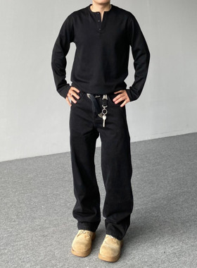 98SQUID 美式cleanfit水洗黑色拼接牛仔裤男女宽松直筒休闲长裤潮