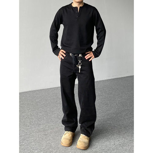 98SQUID 美式cleanfit水洗黑色拼接牛仔裤男女宽松直筒休闲长裤潮