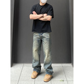 98SQUID 潮 男女宽松阔腿休闲长裤 美式 怀旧vintage水洗猫须牛仔裤