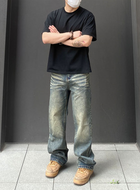 98SQUID 美式怀旧vintage水洗猫须牛仔裤男女宽松阔腿休闲长裤潮