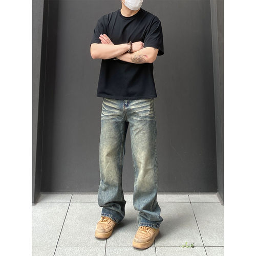 98SQUID 美式怀旧vintage水洗猫须牛仔裤男女宽松阔腿休闲长裤潮