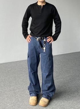 98SQUID美式cargo法工蓝褶皱多口袋工装裤男女宽松直筒休闲长裤潮