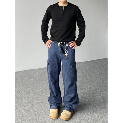 98SQUID美式cargo法工蓝褶皱多口袋工装裤男女宽松直筒休闲长裤潮