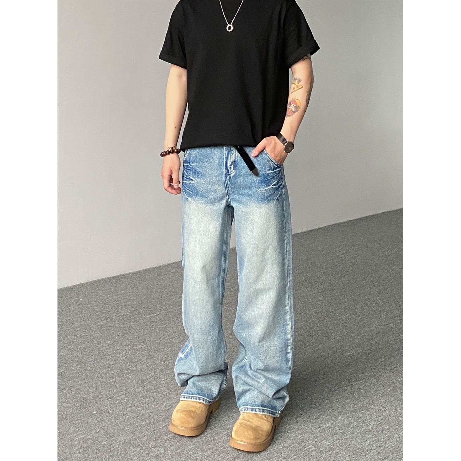 98SQUID 美式复古高街vibe水洗闪电纹牛仔裤男女宽松阔腿垂感长裤