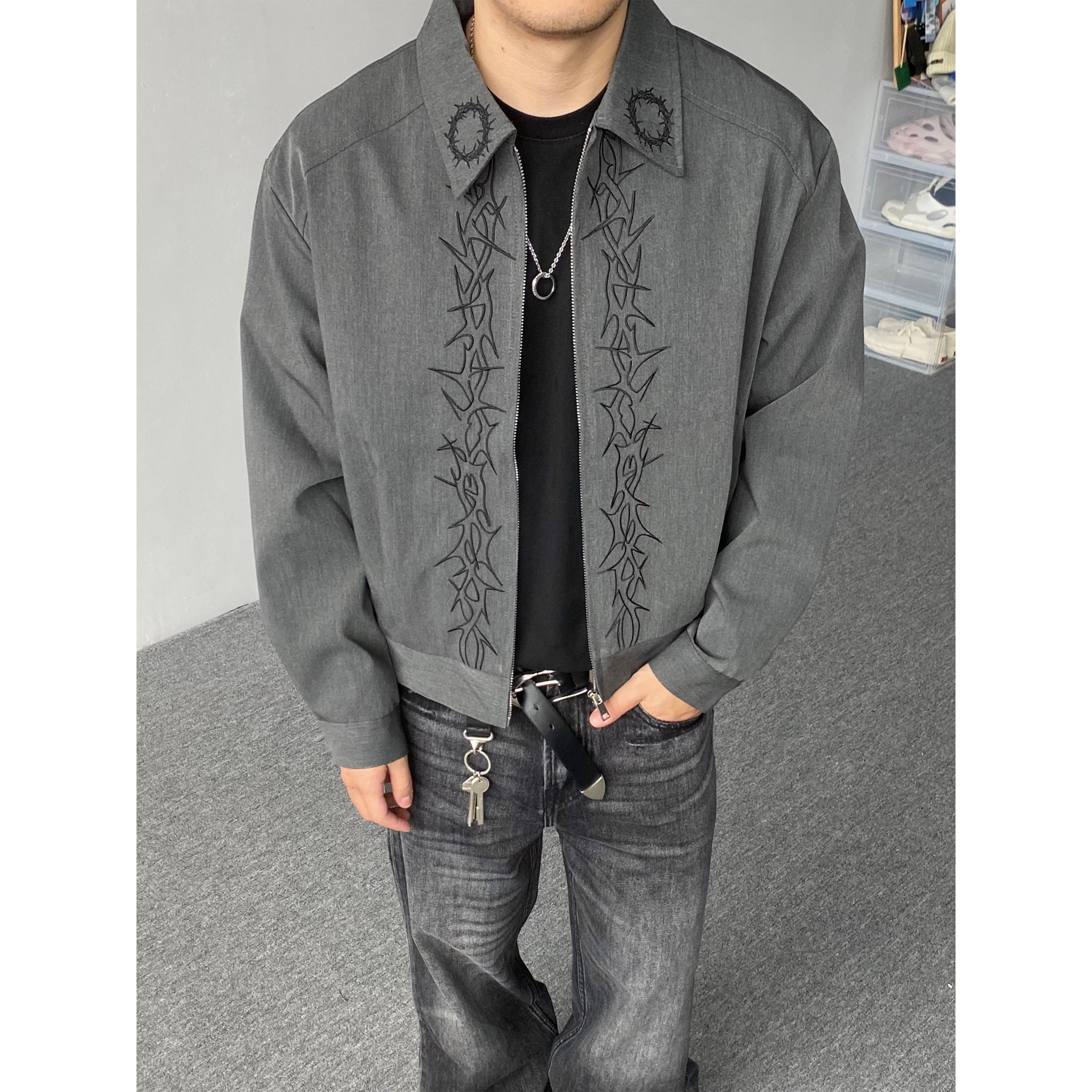 98SQUID 美式复古荆棘刺绣翻领夹克情侣宽松老钱风休闲短款外套潮