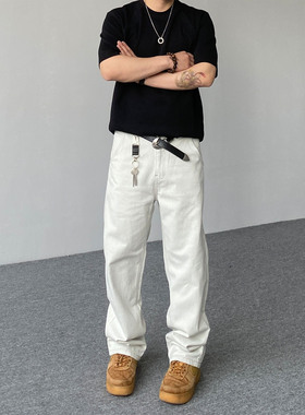 98SQUID 美式cleanfit灰白色牛仔裤男女宽松简约直筒百搭休闲长裤