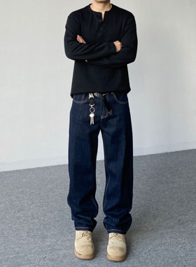 98SQUID 美式简约原色丹宁cleanfit牛仔裤男女宽松休闲直筒长裤子