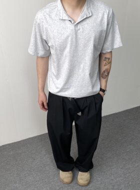 98SQUID美式简约cleanfit亨利领灰色短袖男女宽松百搭休闲上衣T恤