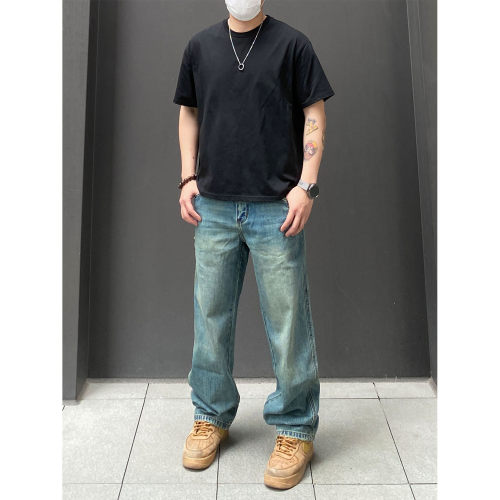 98SQUID 美式高街vibe水洗磨破牛仔裤男女宽松直筒百搭休闲长裤潮