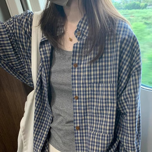 蓝色格子防晒衬衫外套女夏季小个子衬衫开 衫宽松慵懒薄款长袖上