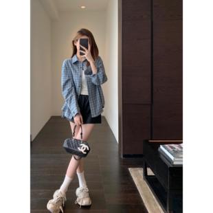 女上衣2026早春新款 AMR 减龄洋气显白蓝色格子衬衫 韩系慵懒