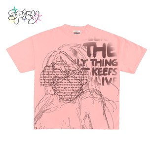 复古动漫风线稿涂鸦女孩宽松高街辣妹短袖 美式 T恤 standard Non