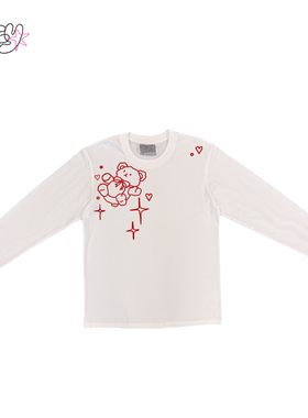 金枪小鱼 红色线稿梦幻小熊可爱简约长袖日常通勤百搭T恤正肩修身