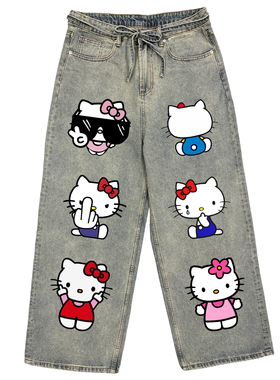 金枪小鱼  hellokitty大印花牛仔裤蓝色个性宽松直筒阔腿牛仔长裤