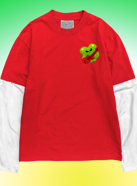 金枪小鱼红色假两件仿毛绒印花长袖T恤拼接袖子INS风卡通通勤穿搭