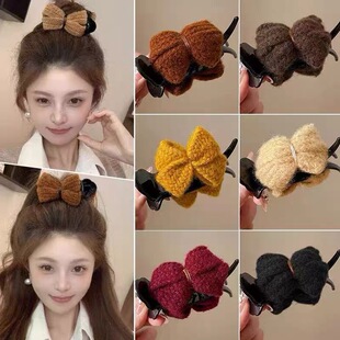秋冬美拉德针织蝴蝶结丸子头抓夹女发夹盘发固定爪夹发卡气质发饰