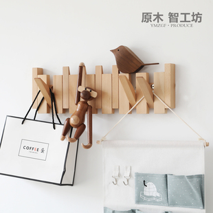 钢琴键衣帽架黑胡桃墙壁置物N架客厅装 原木智工坊 饰木条挂衣钩