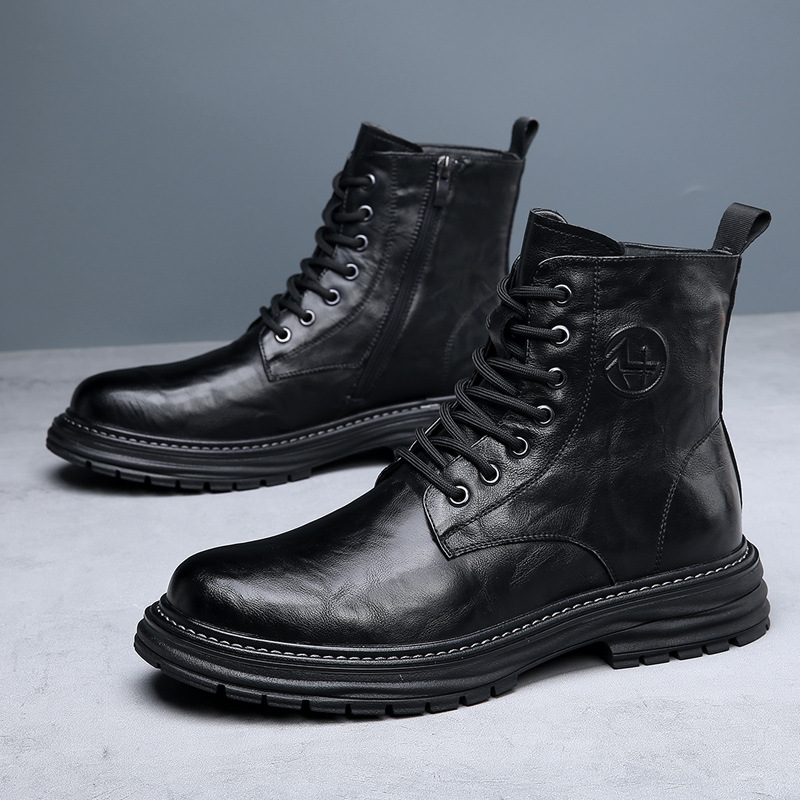 冬季新款马丁靴男真皮高帮潮流厚底工装鞋复古英伦加绒男靴子时尚