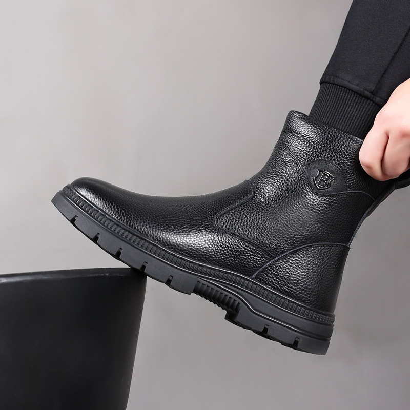 冬季头层牛皮男士棉鞋羊毛雪地靴加绒保暖皮靴真皮中年皮鞋男鞋厚