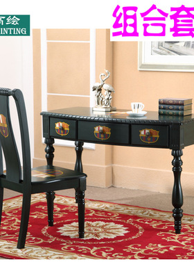 至高美巴萨实木电脑桌椅子组合复古做旧墨绿色欧式写字桌工厂批发